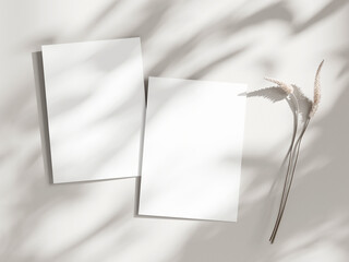 Two card mockup, paper mockup on white background, card mockup with dry plant, 3d render