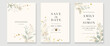 Luxury botanical wedding invitation card template. Minimal style card with leaf branches, gold glitters, flowers, eucalyptus. Elegant garden vector design suitable for banner, cover, invitation.