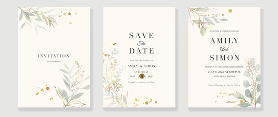 Wall Mural - Luxury botanical wedding invitation card template. Minimal style card with leaf branches, gold glitters, flowers, eucalyptus. Elegant garden vector design suitable for banner, cover, invitation.
