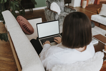 Wall Mural - Woman, businesswoman using laptop computer. Shopping online, branding online store, sending message, make video call, sending email, writing text, work. Blank copy space mockup screen template