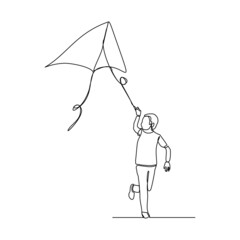 Wall Mural - Continuous single one line art drawing of boy kids playing kite vector illustration