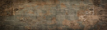 Old Brown Gray Rusty Vintage Worn Shabby Patchwork Square Motif Tiles Stone Concrete Cement Wall Texture Background Banner Panorama.