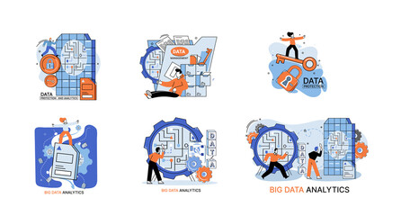 Big data analytics platform, data management and protection creative metaphor set abstract concept. Data center room disk infrastructure business information safety. Technology Internet and network