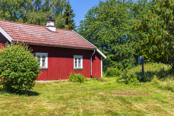 Poster - Lawn at a red cottage in the summer