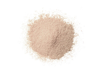 Pink beige powder isolated on white background. Top view. Flat lay.