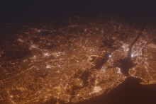 Aerial Shot Of Newark (New Jersey, USA) At Night, View From South. Imitation Of Satellite View On Modern City With Street Lights And Glow Effect. 3d Render