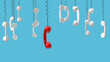 Red telephone receiver of the emergency call hangs down from above - 3d illustration