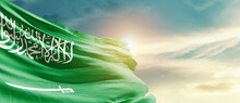 Saudi Arabia National Flag Cloth Fabric Waving On The Sky - Image