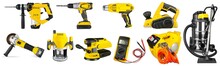 Set Collection Of Yellow Electric Power Hand Diy Tools Like Cordless Drill Angle Grinder Router Heat Gun Sander And Workshop Vacuum Cleaner Isolated White Background. Industry Concstruction Concept