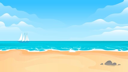 Wall Mural - Cartoon landscape of a tropical seashore with a ship on the horizon. Sunny day. Vector illustration.