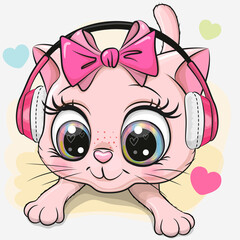 Poster - Kitten girl with pink headphones on a white background