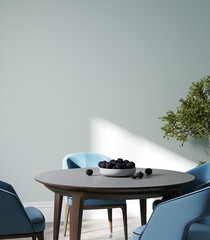 Blank blue wall in cozy light dining room interior, close up, 3d render