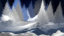 Winter Christmas Background With Snow Covered Pine Trees In Forest. 3D Render Illustration.