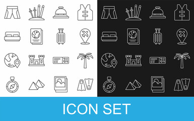 Poster - Set line Rubber flippers for swimming, Tropical palm tree, Plane, Hotel service bell, Passport, room bed, Short pants and Suitcase icon. Vector