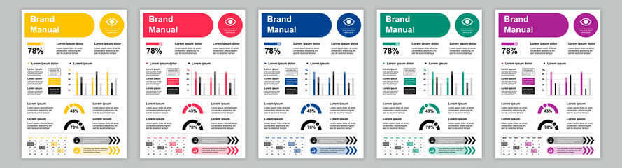Aufkleber - DIN A3 business brand manual templates set. Company identity brochure page with infographic with different sales performance. Advertisement, promotion. Vector layout design for poster, cover, brochure