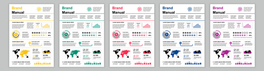Aufkleber - DIN A3 business brand manual templates set. Company identity brochure page with science infographic. Data analysis, international scientific research. Vector layout design for poster, cover, brochure