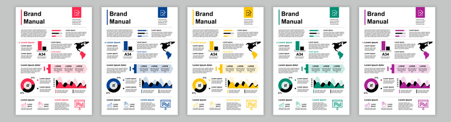 Leinwandbilder - DIN A3 business brand manual templates set. Company identity brochure page. Newsletter banner with global targets, marketing and communication. Vector layout design for poster, cover, brochure
