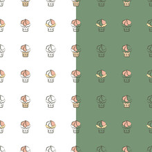 Cupcake Icon Seamless Pattern. Grey Brown Line Contour. Hand Drawn Paint Brush Stroke Doodle Design. Bakery Desserts Symbols, Geometrical Grid. Green, White Easy Editable Color Background. Vector