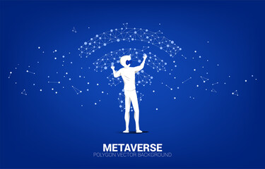 Poster - Silhouette businessman wear VR glasses with dot connect line circuit board style mobile data icon. Concept of digital virtual reality technology and AR .