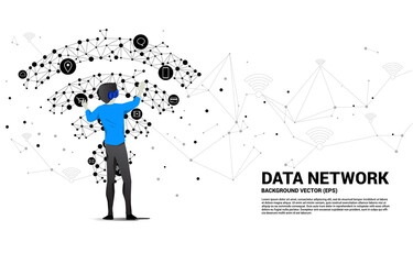 Poster - Silhouette businessman wear VR glasses with dot connect line circuit board style mobile data icon. Concept of digital virtual reality technology and AR .