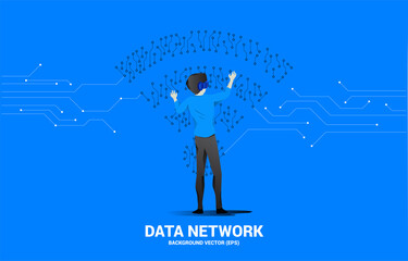 Poster - Silhouette businessman wear VR glasses with dot connect line circuit board style mobile data icon. Concept for data transfer of mobile and wi-fi data network.