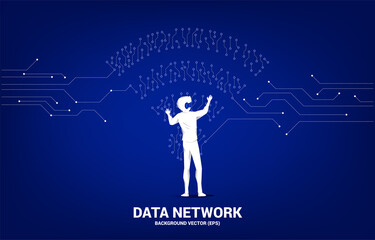 Poster - Silhouette businessman wear VR glasses with dot connect line circuit board style mobile data icon. Concept for data transfer of mobile and wi-fi data network.