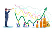 Businessman using telescope or spyglass looking growing bar graphic chart diagram statistics vector illustration.