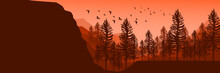 Forest Silhouette Mountain Landscape Flat Design Vector Illustration Good For Wallpaper Design, Design Template, Background Template, And Tourism Design Template
