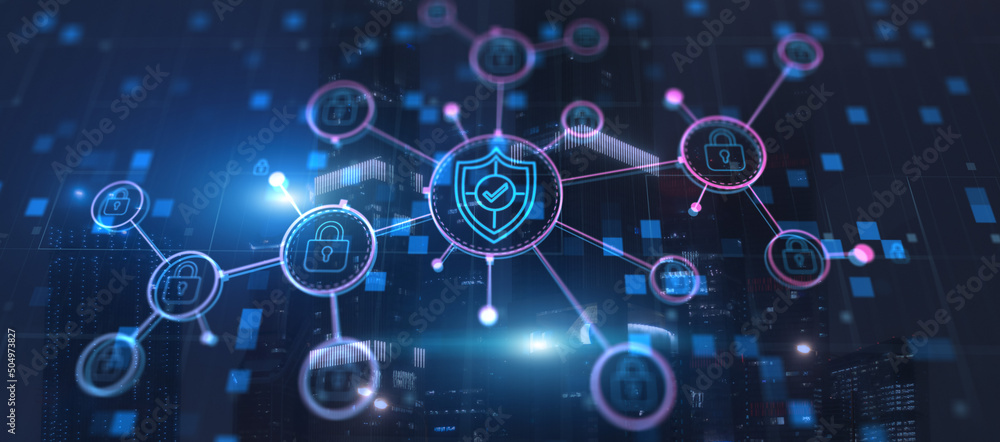 Cyber Security Data Protection Concept on City Background Stock Photo ...