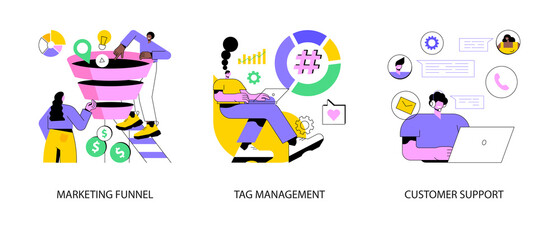 Wall Mural - e-marketing abstract concept vector illustration set. marketing funnel, tag management, customer sup