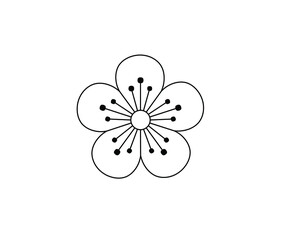 Wall Mural - Vector isolated single symmetrical five petals sakura flower blossom with stamens pretty flower colorless black and white contour line drawing