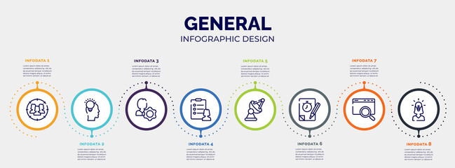 Wall Mural - infographic for general concept. vector infographic template with icons and 8 option or steps. included team target, inspiration, user behavior, profile list, satellite antenna, quiz, sem, team