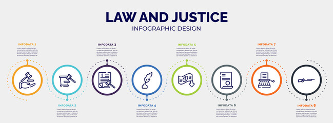 Wall Mural - infographic for law and justice concept. vector infographic template with icons and 8 option or steps. included qualified protection, court trial, tax law, feather pen, bankruptcy, contract law,
