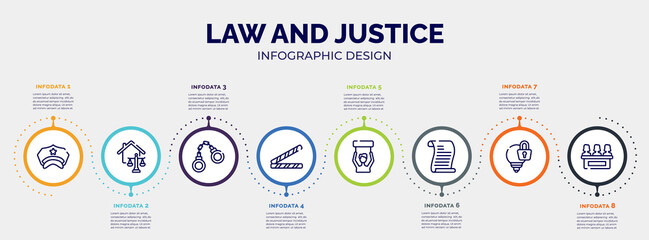 Wall Mural - infographic for law and justice concept. vector infographic template with icons and 8 option or steps. included police hat, real estate law, criminal law, police line, civil rights, scroll with