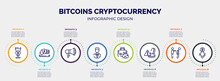 Infographic For Bitcoins Cryptocurrency Concept. Vector Infographic Template With Icons And 8 Option Or Steps. Included Passion, Earning, Bullhorn, Shop Assistant, Burning, Alerts, Fired, Decline
