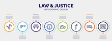 Infographic For Law & Justice Concept. Vector Infographic Template With Icons And 8 Option Or Steps. Included Volatility, Low Energy, Manufacture, Pound Sterling, Gold Ingot, Depressed, No Money,