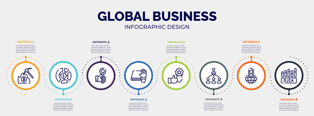 Wall Mural - infographic for global business concept. vector infographic template with icons and 8 option or steps. included pick, allocation, hand up, oath, best seller, organization chart, entrepreneur, null