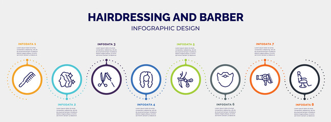 Wall Mural - infographic for hairdressing and barber concept. vector infographic template with icons and 8 option or steps. included hairdressing, hair treatment, scissor and comb, curled black long female hair