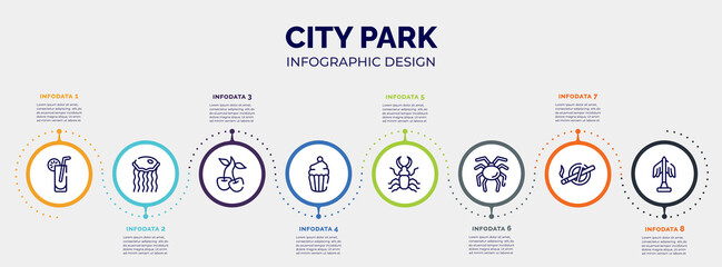 Wall Mural - infographic for city park concept. vector infographic template with icons and 8 option or steps. included lemonade, medusa, cherry, cupcake, stag beetle, null, no smoking, statue editable vector.