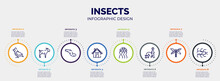 Infographic For Insects Concept. Vector Infographic Template With Icons And 8 Option Or Steps. Included Cardinal, Goat, Worm, Dog House, Jellyfish, Walking The Dog, Dragon Fly, Tarantula Editable