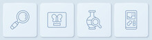 Set Line Magnifying Glass, Ancient Amphorae, Butterfly Frame And Portable Video Game Console. White Square Button. Vector