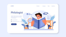 Philologist Web Banner Or Landing Page. Scientific Study Of Language