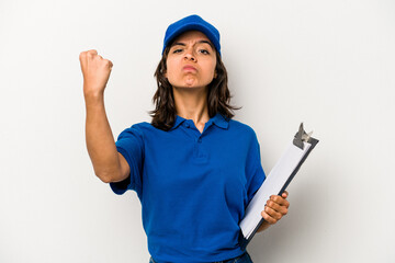 Wall Mural - Young hispanic woman delivery man isolated on white background showing fist to camera, aggressive facial expression.