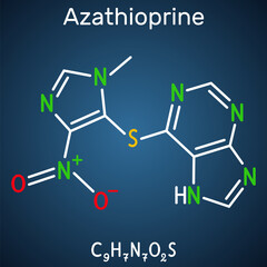 Canvas Print - Azathioprine, AZA molecule. It is immunosuppressive agent, medication. Structural chemical formula on the dark blue background.