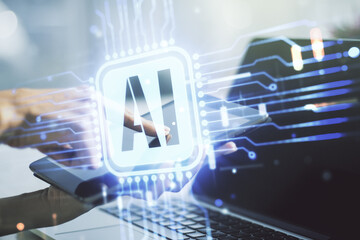 Wall Mural - double exposure of creative artificial intelligence icon with finger clicks on a digital tablet on b