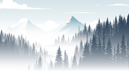 Canvas Print - Landscape of mountains and pine forests. Vector silhouette of mountains in the morning. 