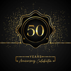 Wall Mural - 50 years anniversary celebration with golden star frame isolated on black background. 50 years Anniversary logo. Vector design for greeting card, birthday party, wedding, event party, invitation card.