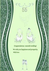 Wall Mural - Emerald wedding 55th anniversary congratulations template. Text with wishes. Wedding glasses with decorative swans. Convenient for printing postcards and invitations. Vector illustration