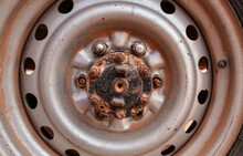 Old Vehicle Metal Car Wheel Cover Disc Secured Only With Few Screws - Sand And Rust On Surface