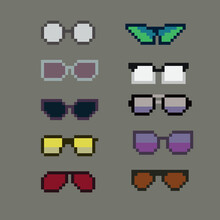 Vector Eyeglass Frame Or Sunglasses With Pixelated Glasses. Pixel Art Set Of Glasses And Sunglasses. 8-bit Pixel Art Vector, Isolated On Solid Color Background.